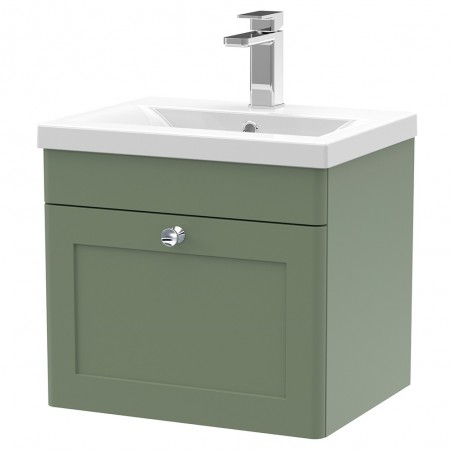 Classique 500mm Wall Hung 1 Drawer Unit & Mid-Edge Ceramic Basin - Satin Green