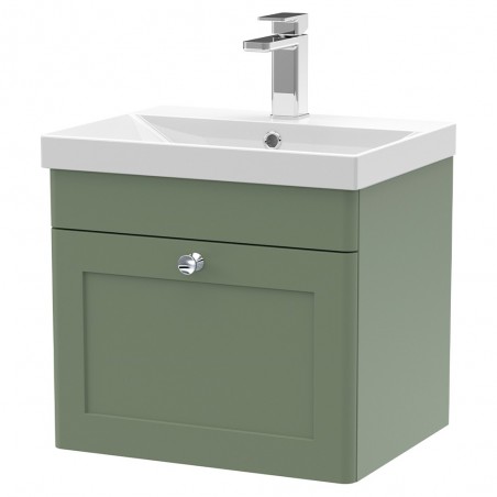 Classique 500mm Wall Hung 1 Drawer Unit & Thin-Edge Ceramic Basin - Satin Green