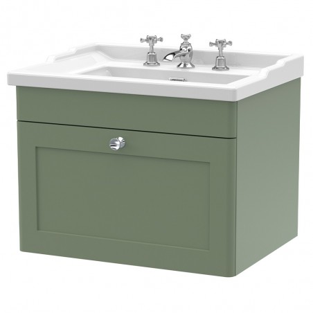 Classique 600mm Wall Hung 1 Drawer Unit & 3 Tap Hole Fireclay Basin - Satin Green