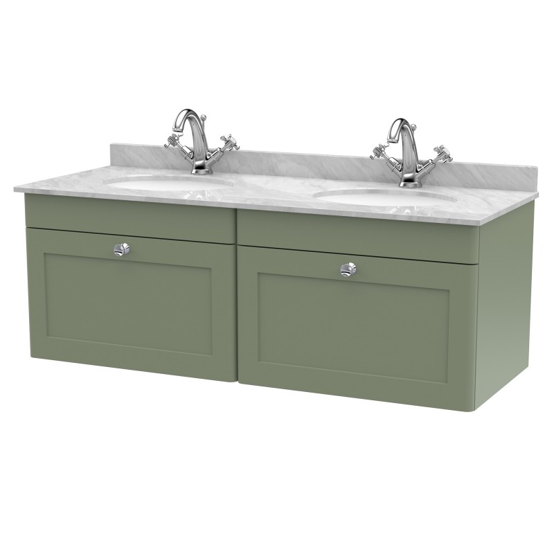 Classique 1200mm Wall Hung 2 Drawer Unit & 1 Tap Hole Marble Top with Oval Basin - Satin Green/Bellato Grey Classique 1200mm Wall Hung 2 Drawer Unit & 1 Tap Hole Marble Top with Oval Basin - Satin Green/Bellato Grey