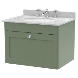 Classique 600mm Wall Hung 1 Drawer Unit & 3 Tap Hole Marble Top with Oval Basin - Satin Green/Bellato Grey