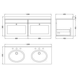 Classique 1200mm Wall Hung 2 Drawer Unit & 3 Tap Hole Marble Top with Oval Basin - Satin Green/Bellato Grey - Technical Drawing