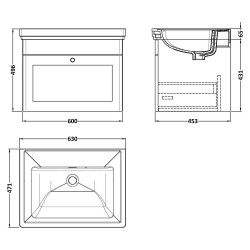 Classique 600mm Wall Hung 1 Drawer Unit & 0 Tap Hole Fireclay Basin - Satin Green - Technical Drawing