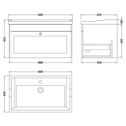 Classique 800mm Wall Hung 1 Drawer Unit & 1 Tap Hole Fireclay Basin - Satin Green - Technical Drawing