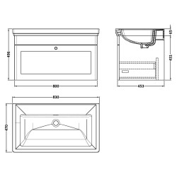 Classique 800mm Wall Hung 1 Drawer Unit & 0 Tap Hole Fireclay Basin - Satin Green - Technical Drawing