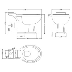 Legend Close Coupled Toilet Pan with Cistern and Toilet Seat - Technical Drawing