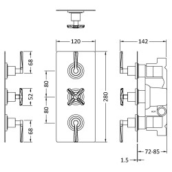 Chrome Aztec Triple Thermostatic Shower Valve with Diverter - 3 Outlets - Technical Drawing