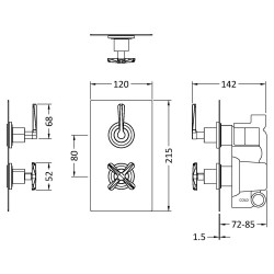 Matt Black Aztec Twin Thermostatic Shower Valve with Diverter - 2 Outlets - Technical Drawing