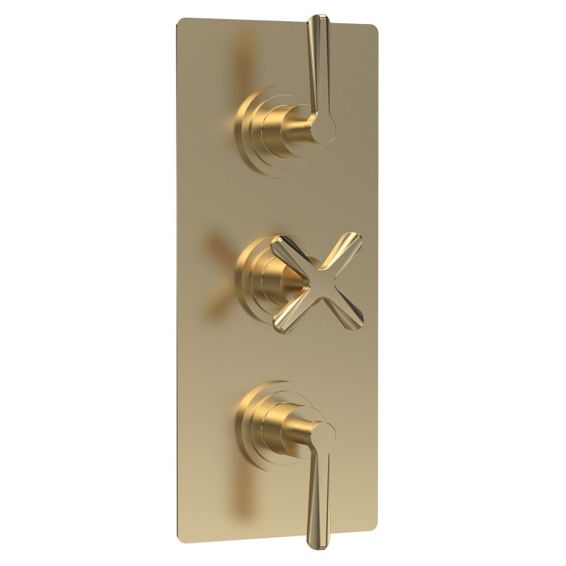 Brushed Brass Aztec Triple Thermostatic Shower Valve - 2 Outlet Brushed Brass Aztec Triple Thermostatic Shower Valve - 2 Outlet
