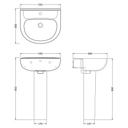 Lawton 550mm Basin & Pedestal - Technical Drawing