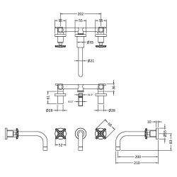 Aztec Wall Mount 3 Tap Hole Basin Mixer - Matt Black - Technical Drawing