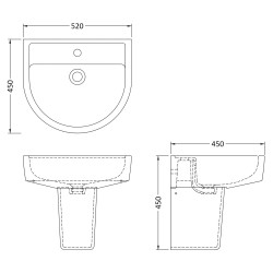 Luna 520mm Basin with 1 Tap Hole and Semi Pedestal - Technical Drawing