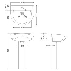 Melbourne 550mm 1 Tap Hole Basin & Pedestal - Technical Drawing