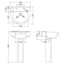 Melbourne 550mm Basin with 2 Tap Holes & Pedestal - Technical Drawing