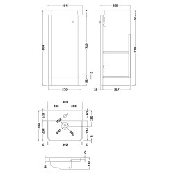 Core 400mm Freestanding 1 Door Vanity Unit & Basin - Gloss White - Technical Drawing