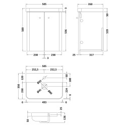 Core 500mm Wall Hung 2 Door Vanity Unit & Basin - Gloss White - Technical Drawing