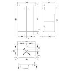 Core 500mm Freestanding 2 Door Vanity Unit & Basin - Gloss White - Technical Drawing