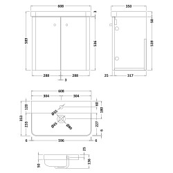 Core 600mm Wall Hung 2 Door Vanity Unit & Basin - Gloss White - Technical Drawing