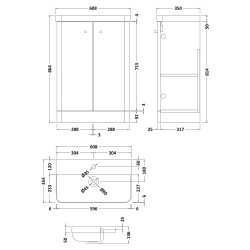 Core 600mm Freestanding 2 Door Vanity Unit & Basin - Gloss White - Technical Drawing
