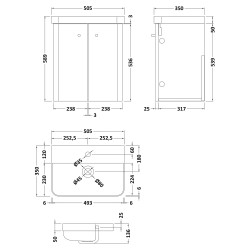 Core 500mm Wall Hung 2 Door Vanity Unit with Thin Edge Basin - Soft Black - Technical Drawing