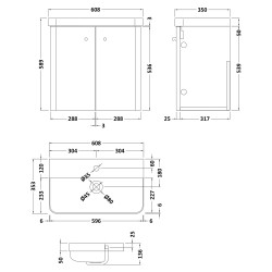 Core 600mm Wall Hung 2 Door Vanity Unit with Thin Edge Basin - Soft Black - Technical Drawing