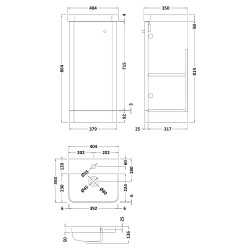 Core 400mm Freestanding 1 Door Vanity Unit with Thin Edge Basin - Satin Green - Technical Drawing