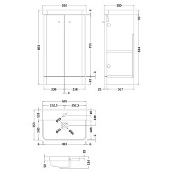 Core 500mm Freestanding 2 Door Vanity Unit with Thin Edge Basin - Satin Green - Technical Drawing