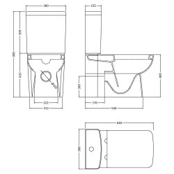 Arlo Close Coupled Toilet Pan, Cistern and Soft Close Toilet Seat - Technical Drawing