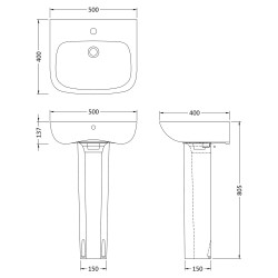 Ambrose 500mm Basin & Pedestal - Technical Drawing