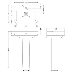 Arlo 550mm Basin with 1 Tap Hole and Full Pedestal - Technical Drawing