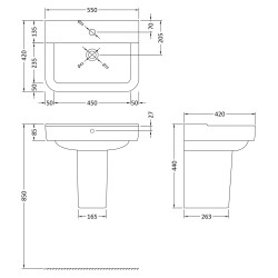 Arlo 550mm Basin with 1 Tap Hole and Semi Pedestal - Technical Drawing