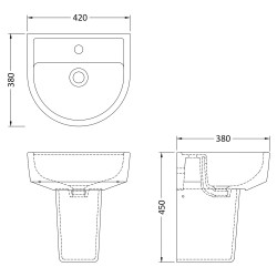 Provost 420mm Basin & Semi Pedestal - Technical Drawing