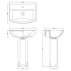 Asselby 600mm Basin & Pedestal - Technical Drawing