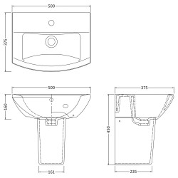 Asselby 500mm Basin & Semi Pedestal - Technical Drawing