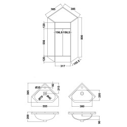 Gloss White Corner Cabinet & Basin - Technical Drawing