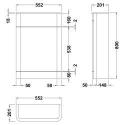 Solar Pure White 550mm x 200mm Toilet Unit - Technical Drawing