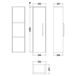 Solar Pure White 1400mm x 350mm Tall Wall Hung Storage Unit - Technical Drawing