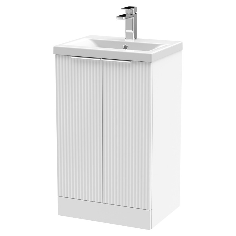 Fluted 500mm Freestanding 2 Door Vanity & Mid-Edge Ceramic Basin - Satin White Fluted 500mm Freestanding 2 Door Vanity & Mid-Edge Ceramic Basin - Satin White