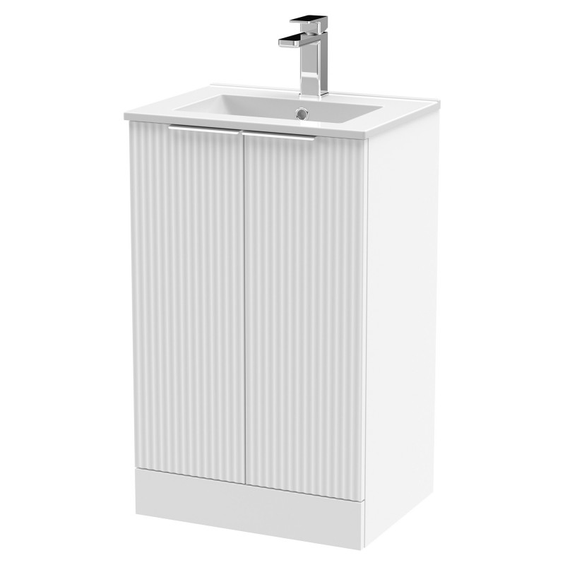 Fluted 500mm Freestanding 2 Door Vanity & Minimalist Ceramic Basin - Satin White Fluted 500mm Freestanding 2 Door Vanity & Minimalist Ceramic Basin - Satin White