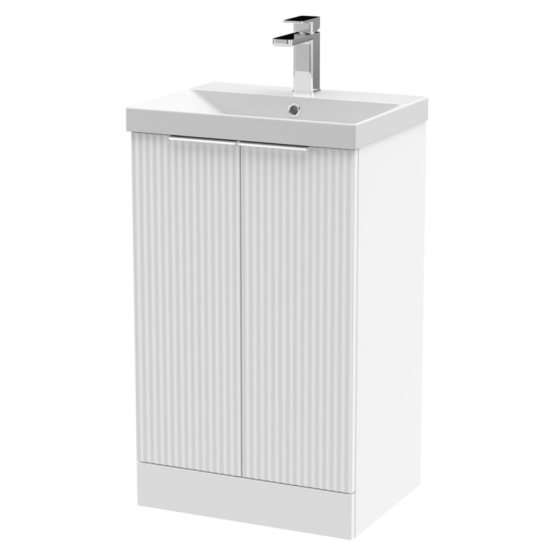 Fluted 500mm Freestanding 2 Door Vanity & Thin-Edge Ceramic Basin - Satin White Fluted 500mm Freestanding 2 Door Vanity & Thin-Edge Ceramic Basin - Satin White