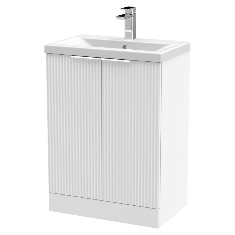 Fluted 600mm Freestanding 2 Door Vanity & Mid-Edge Ceramic Basin - Satin White Fluted 600mm Freestanding 2 Door Vanity & Mid-Edge Ceramic Basin - Satin White