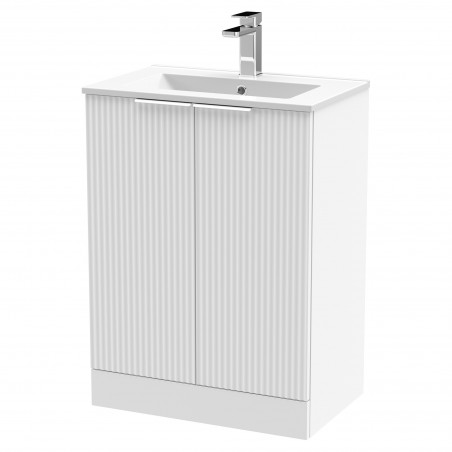 Fluted 600mm Freestanding 2 Door Vanity & Minimalist Ceramic Basin - Satin White