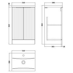 Fluted 500mm Freestanding 2 Door Vanity & Mid-Edge Ceramic Basin - Soft Black - Technical Drawing