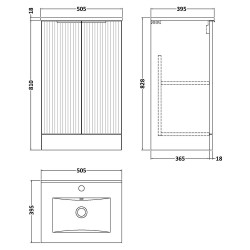 Fluted 500mm Freestanding 2 Door Vanity & Minimalist Ceramic Basin - Soft Black - Technical Drawing