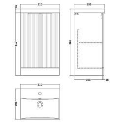 Fluted 500mm Freestanding 2 Door Vanity & Thin-Edge Ceramic Basin - Soft Black - Technical Drawing