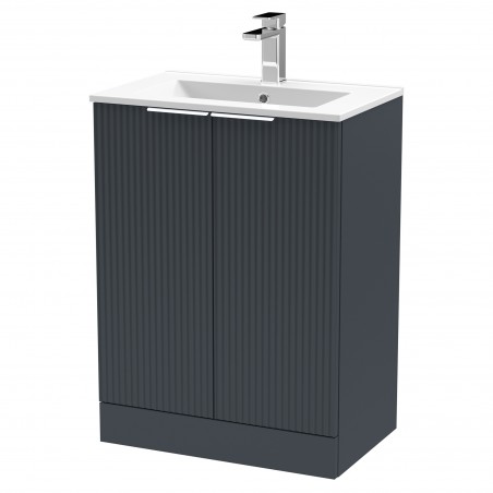 Fluted 600mm Freestanding 2 Door Vanity & Minimalist Ceramic Basin - Soft Black