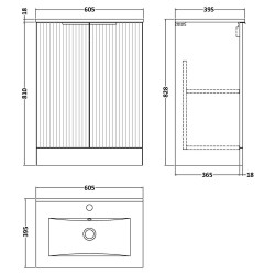 Fluted 600mm Freestanding 2 Door Vanity & Minimalist Ceramic Basin - Soft Black - Technical Drawing