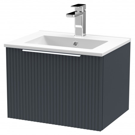 Fluted 500mm Wall Hung Single Drawer Vanity & Minimalist Ceramic Basin - Soft Black