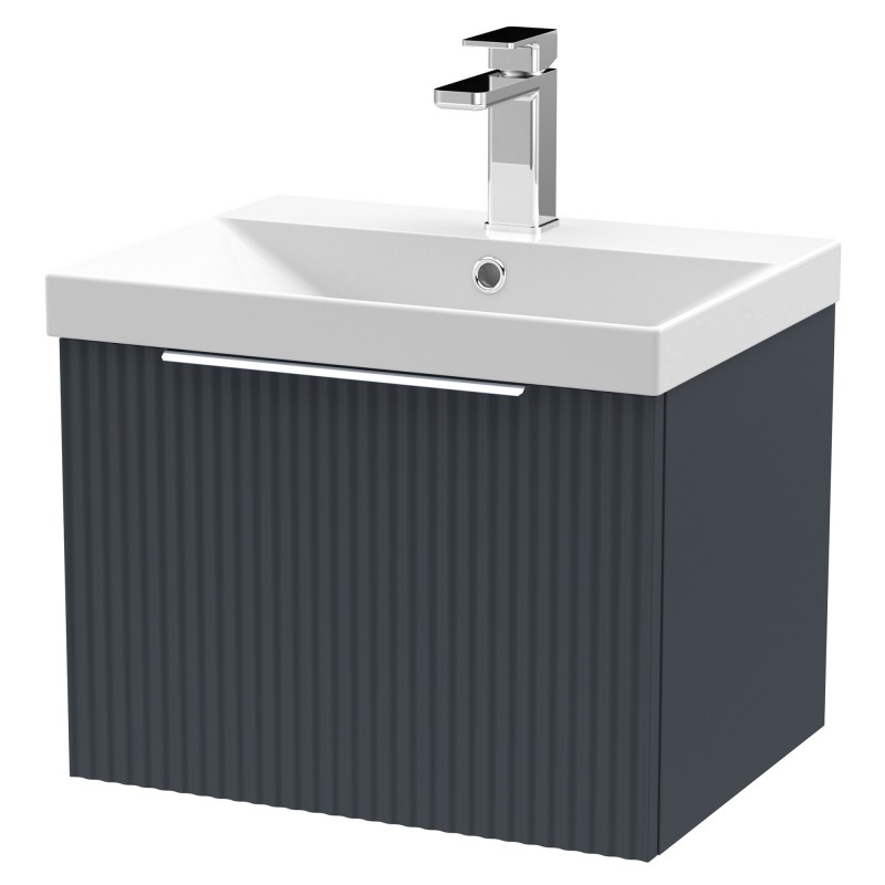 Fluted 500mm Wall Hung Single Drawer Vanity & Thin-Edge Ceramic Basin - Soft Black