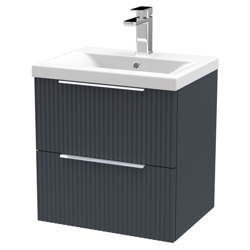 Fluted 500mm Wall Hung 2 Drawer Vanity & Mid-Edge Ceramic Basin - Soft Black Fluted 500mm Wall Hung 2 Drawer Vanity & Mid-Edge Ceramic Basin - Soft Black